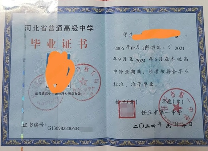 西区任丘市第一中学高中毕业证样本图片